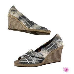 TOMS Peep Toe‎ Wedge Espadrilles Women's size 9.5 Gray Paint Splattered